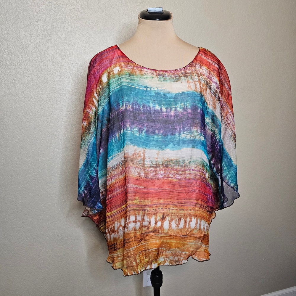 Cocoon House 100% Silk Rainbow Tie Dye Kaftan Blouse Top L/XL Multi Color Stripe
